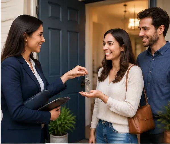 Leasing agent welcoming renters and handing over house keys