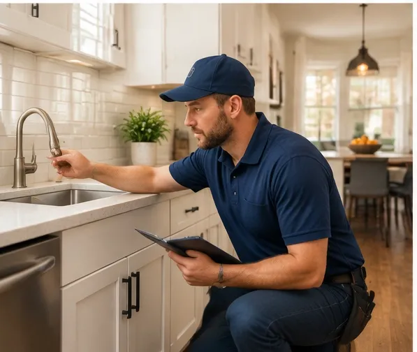 Maintenance professional inspecting kitchen plumbing