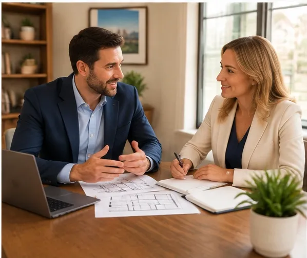 Property investment advisor and owner reviewing plans together